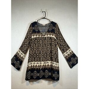Altar'd State Long Sleeve Tunic Short Lined Dress Navy Brown Large Boho